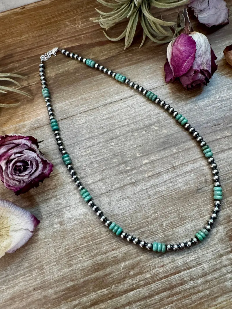 Green Turquoise & Sterling Silver Pearl Necklace – 5Mm – Handmade By The Bijoux Fab – 19" 1