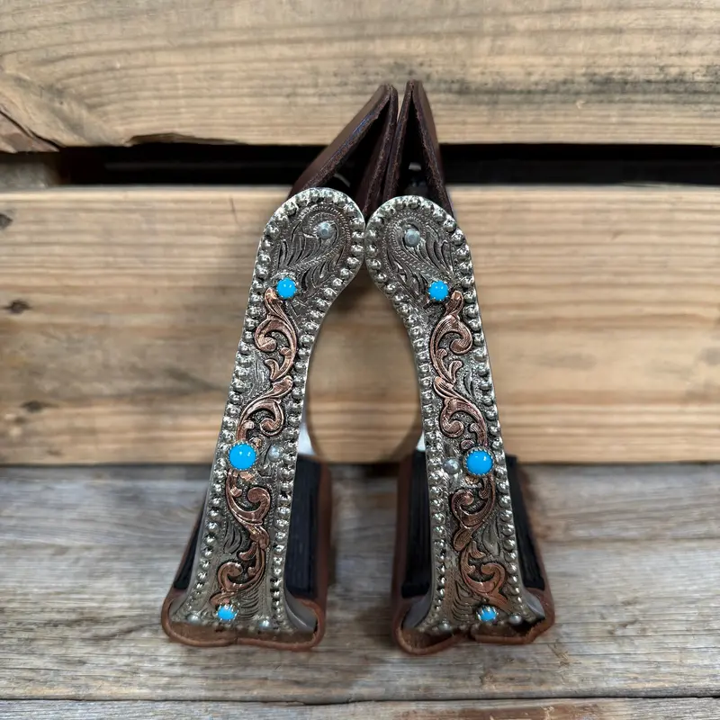 Hand Engraved Copper And Turquoise Angled Barrel Racing Western Stirrups Brs101 1