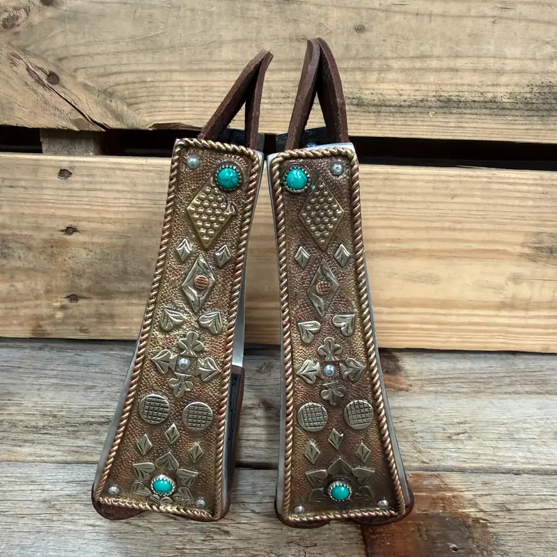 Hand Engraved Copper And Turquoise Barrel Racing/Trail Western Stirrups Brs100 1