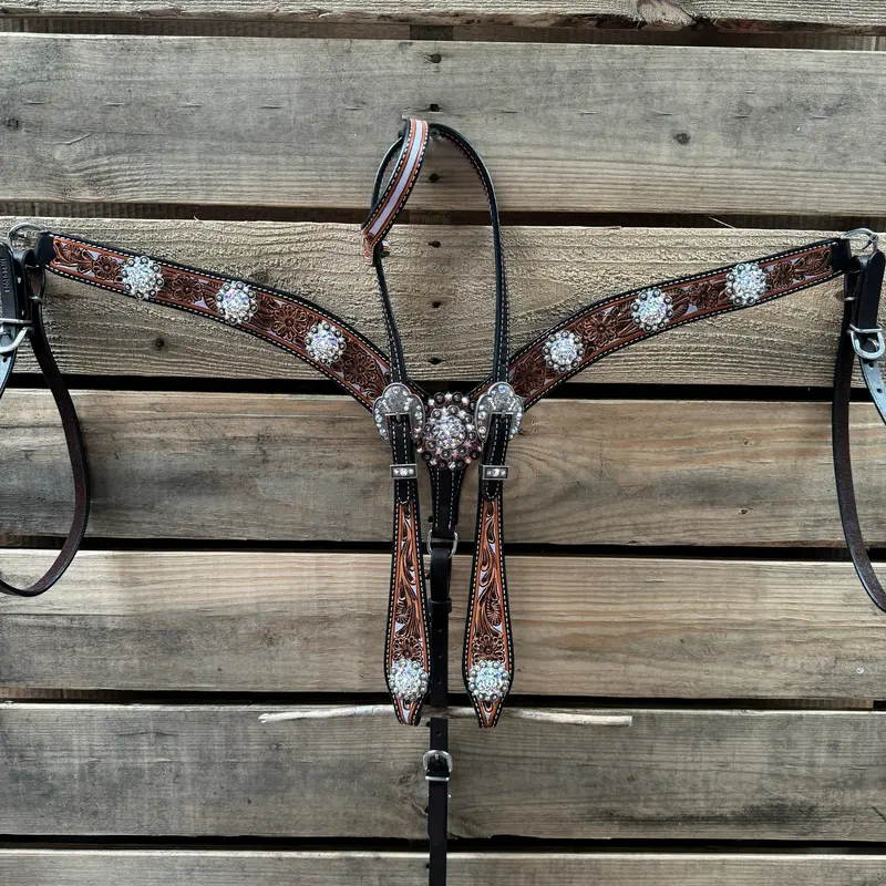 Hand Painted Floral Ab Browband / One Ear - Breastcollar Tack Set #Bbbc645 2