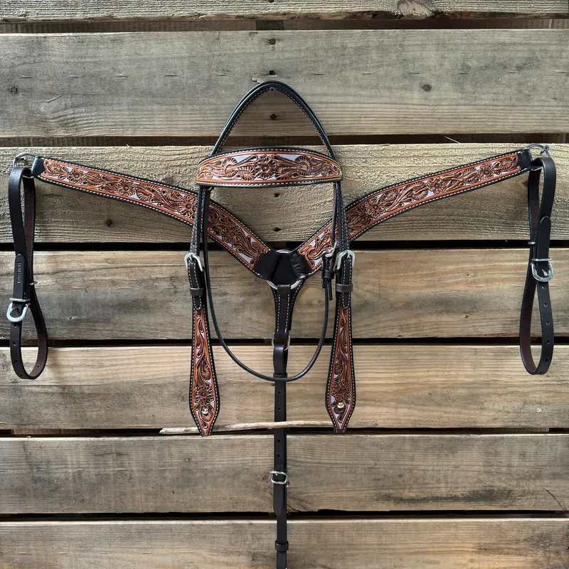 Hand Painted Floral Browband / One Ear Breastcollar Tack Set 1