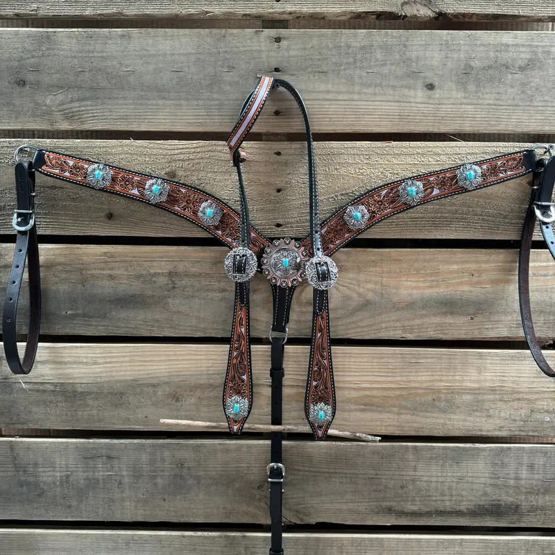 Hand Painted Floral Filigree Browband / One Ear - Breastcollar Tack Set #Bbbc646 2
