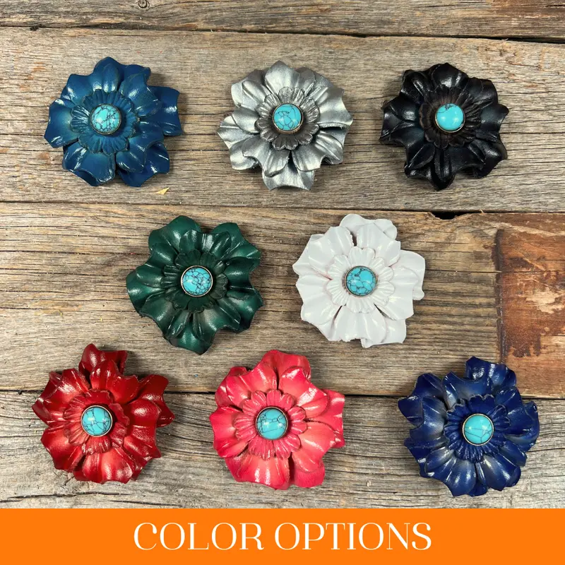 Hand Painted Leather Flowers - Carnations - Round Turquoise Cabochons 1