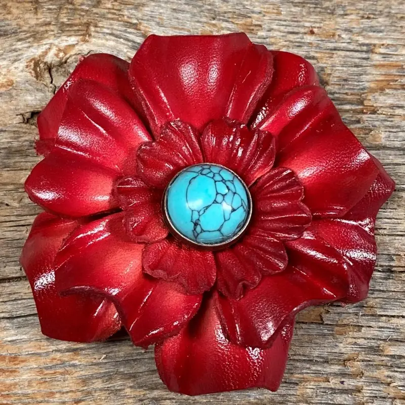 Hand Painted Leather Flowers - Carnations - Round Turquoise Cabochons 2