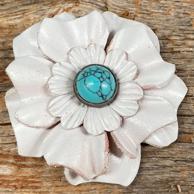 Hand Painted Leather Flowers - Carnations - Round Turquoise Cabochons 3