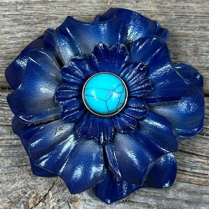 Hand Painted Leather Flowers - Carnations - Round Turquoise Cabochons 5