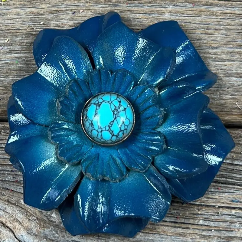 Hand Painted Leather Flowers - Carnations - Round Turquoise Cabochons 6