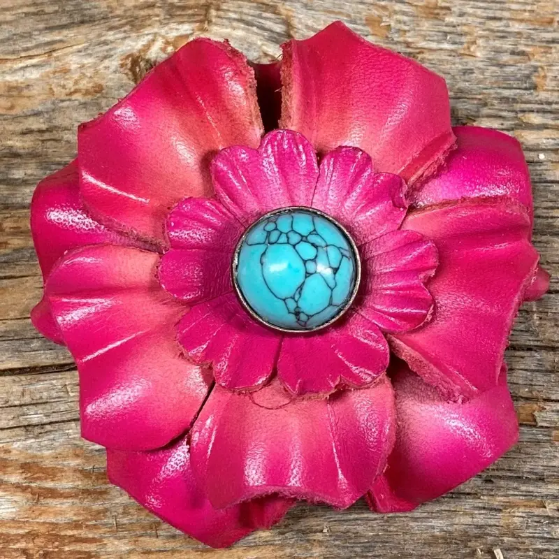 Hand Painted Leather Flowers - Carnations - Round Turquoise Cabochons 7