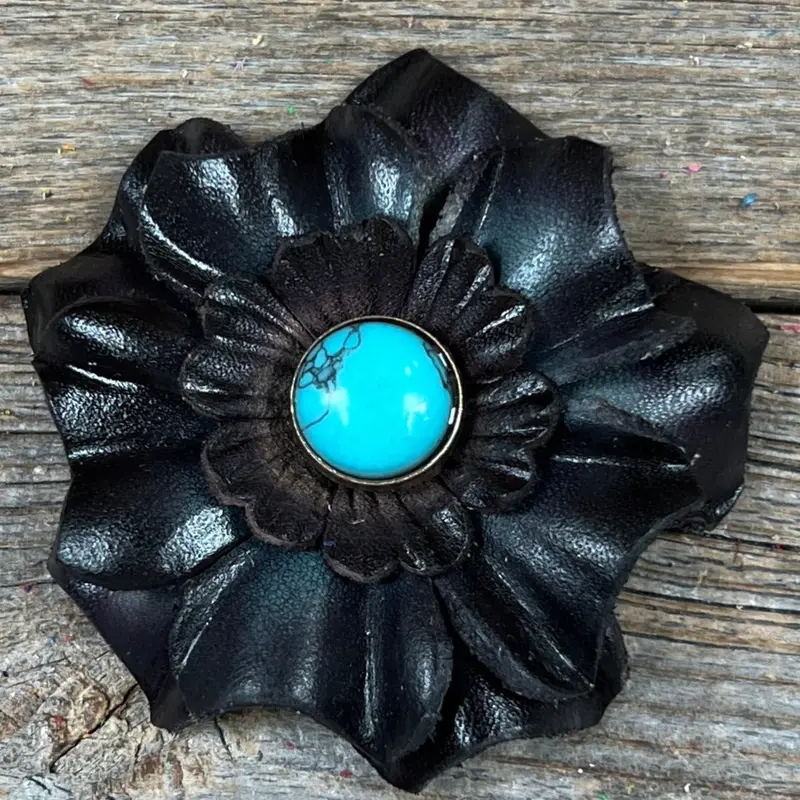 Hand Painted Leather Flowers - Carnations - Round Turquoise Cabochons 7