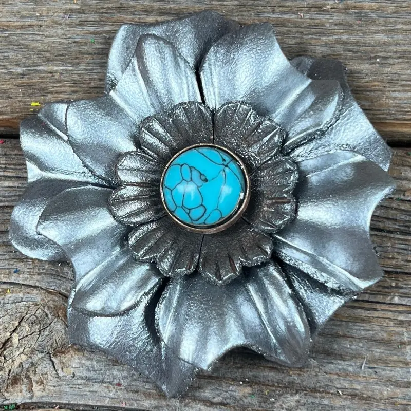 Hand Painted Leather Flowers - Carnations - Round Turquoise Cabochons 8