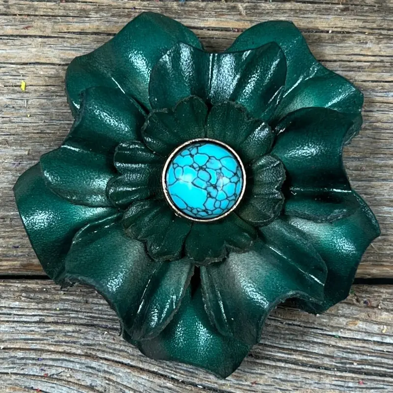 Hand Painted Leather Flowers - Carnations - Round Turquoise Cabochons 8