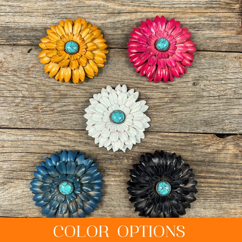 Hand Painted Leather Flowers - Daisies - Round Turquoise Cabochons 1