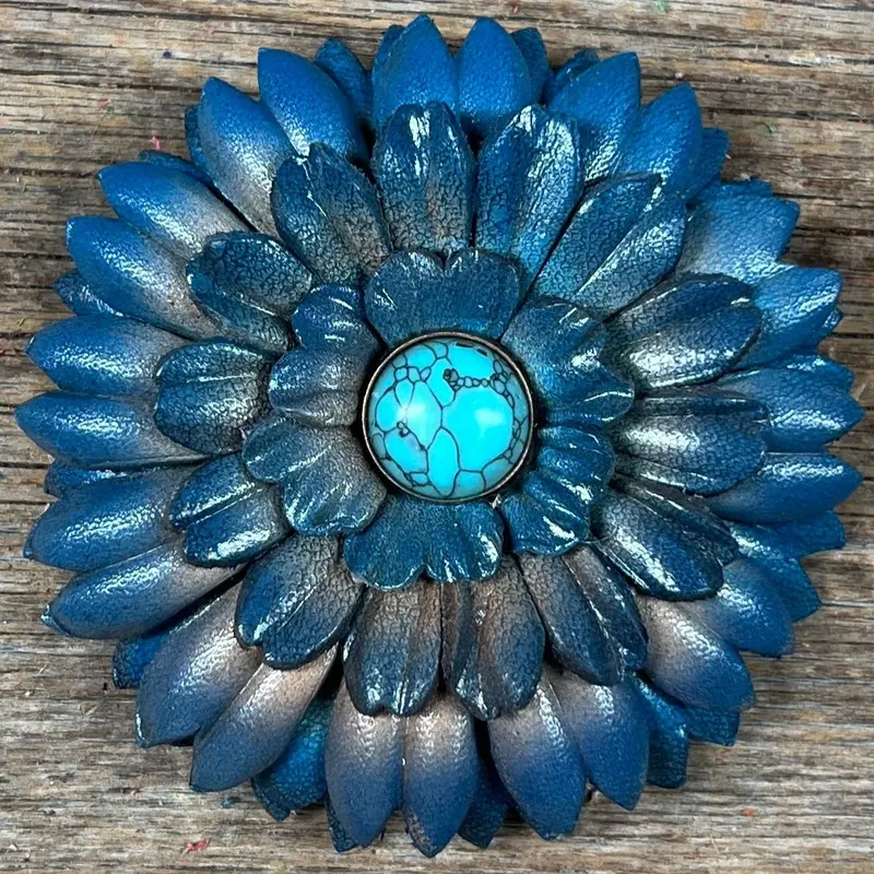 Hand Painted Leather Flowers - Daisies - Round Turquoise Cabochons 2