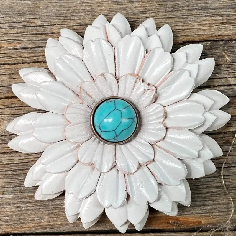 Hand Painted Leather Flowers - Daisies - Round Turquoise Cabochons 3