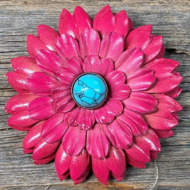 Hand Painted Leather Flowers - Daisies - Round Turquoise Cabochons 5
