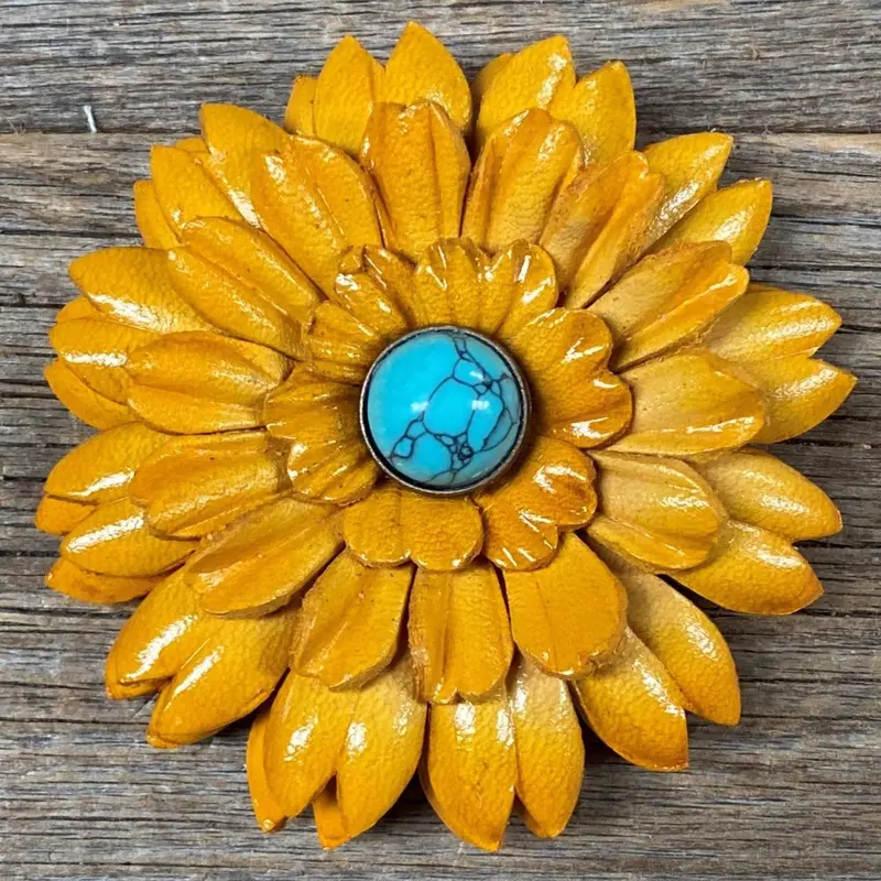 Hand Painted Leather Flowers - Daisies - Round Turquoise Cabochons 5