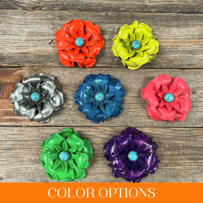 Hand Painted Leather Flowers - Gardenias - Round Turquoise Cabochons 1