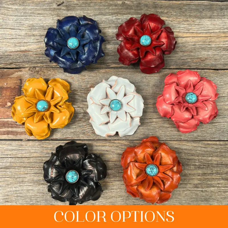 Hand Painted Leather Flowers - Gardenias - Round Turquoise Cabochons 1