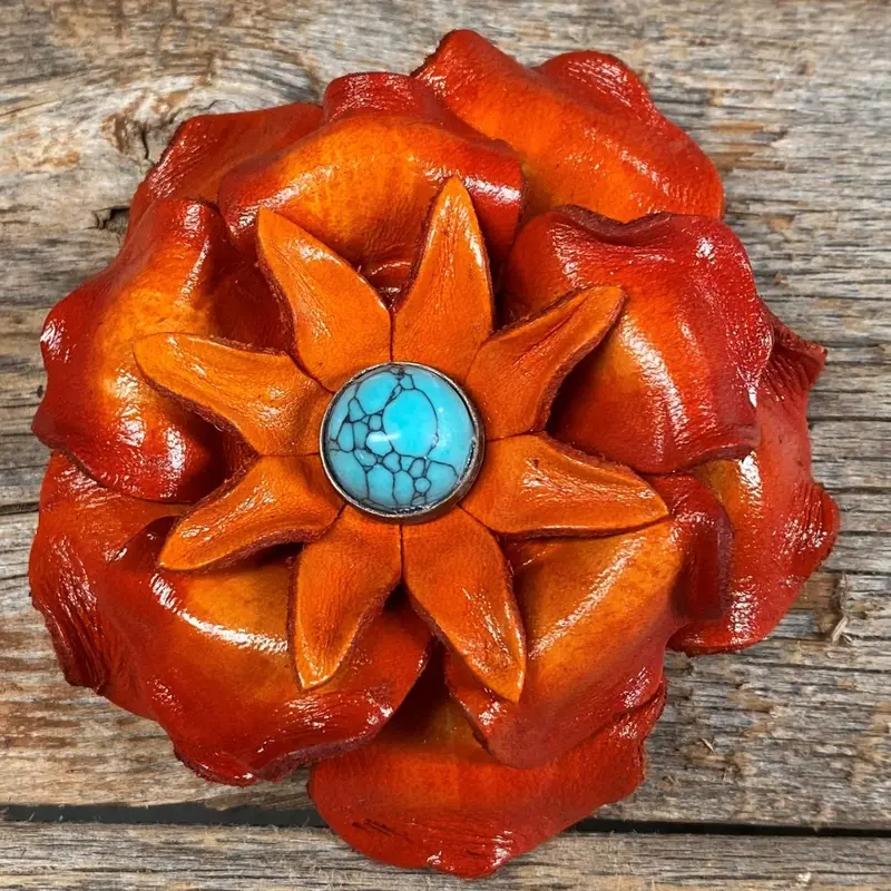Hand Painted Leather Flowers - Gardenias - Round Turquoise Cabochons 4