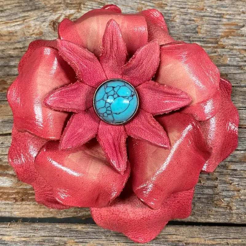 Hand Painted Leather Flowers - Gardenias - Round Turquoise Cabochons 4