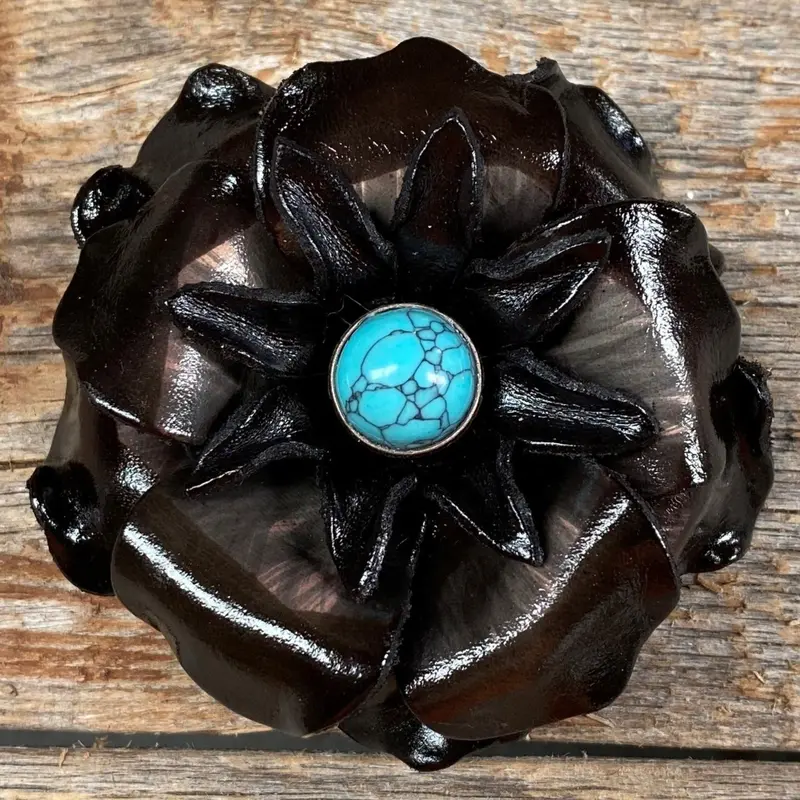Hand Painted Leather Flowers - Gardenias - Round Turquoise Cabochons 5