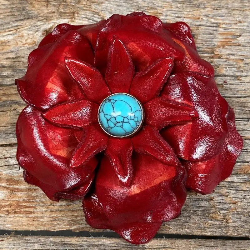 Hand Painted Leather Flowers - Gardenias - Round Turquoise Cabochons 5