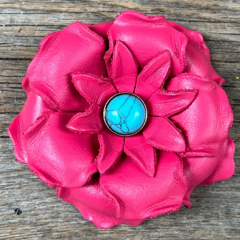 Hand Painted Leather Flowers - Gardenias - Round Turquoise Cabochons 5