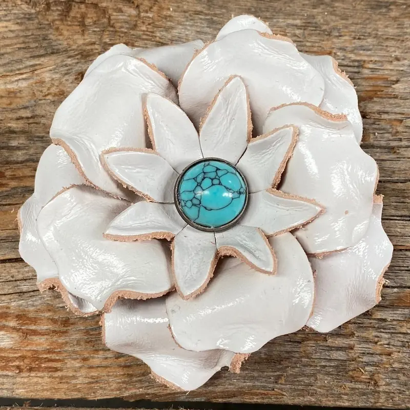 Hand Painted Leather Flowers - Gardenias - Round Turquoise Cabochons 6