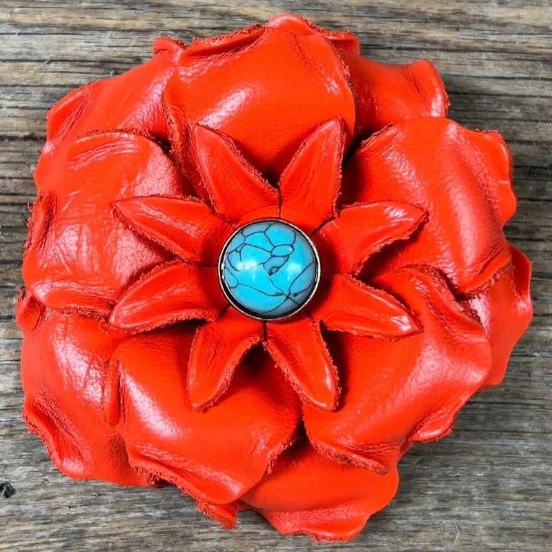 Hand Painted Leather Flowers - Gardenias - Round Turquoise Cabochons 6