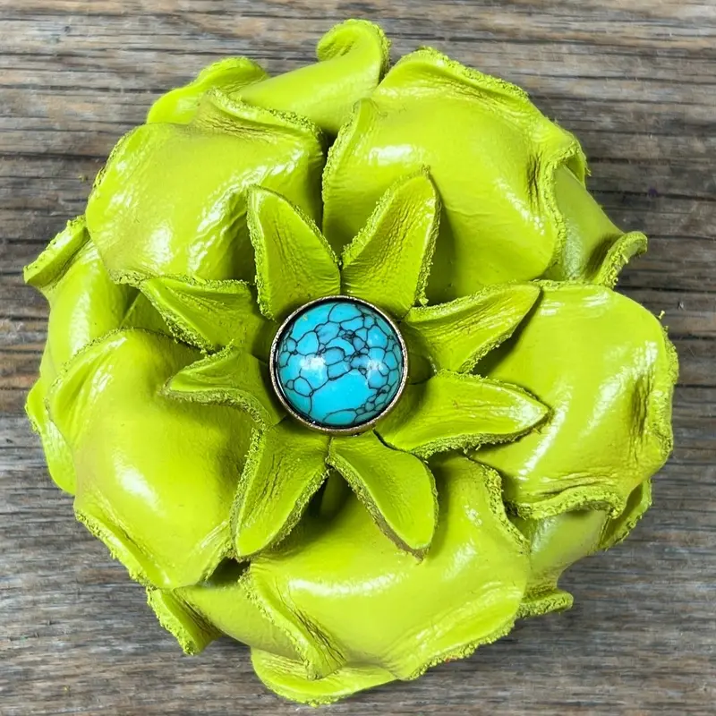 Hand Painted Leather Flowers - Gardenias - Round Turquoise Cabochons 7