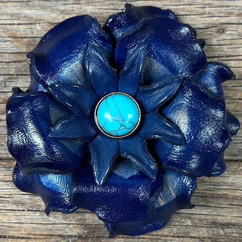 Hand Painted Leather Flowers - Gardenias - Round Turquoise Cabochons 7