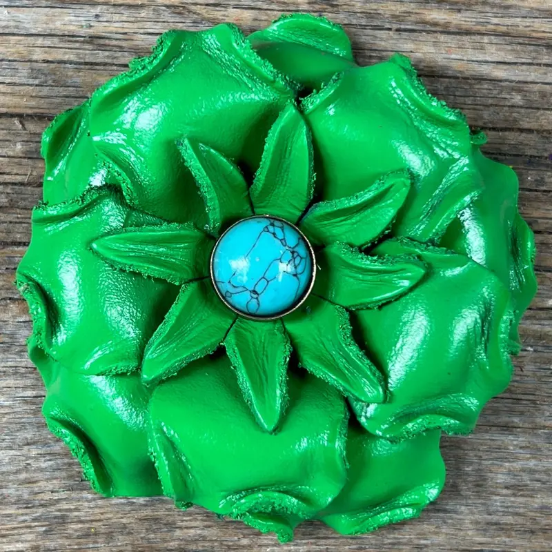 Hand Painted Leather Flowers - Gardenias - Round Turquoise Cabochons 7