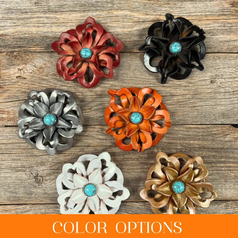 Hand Painted Leather Flowers - Lotus - Round Turquoise Cabochons 1