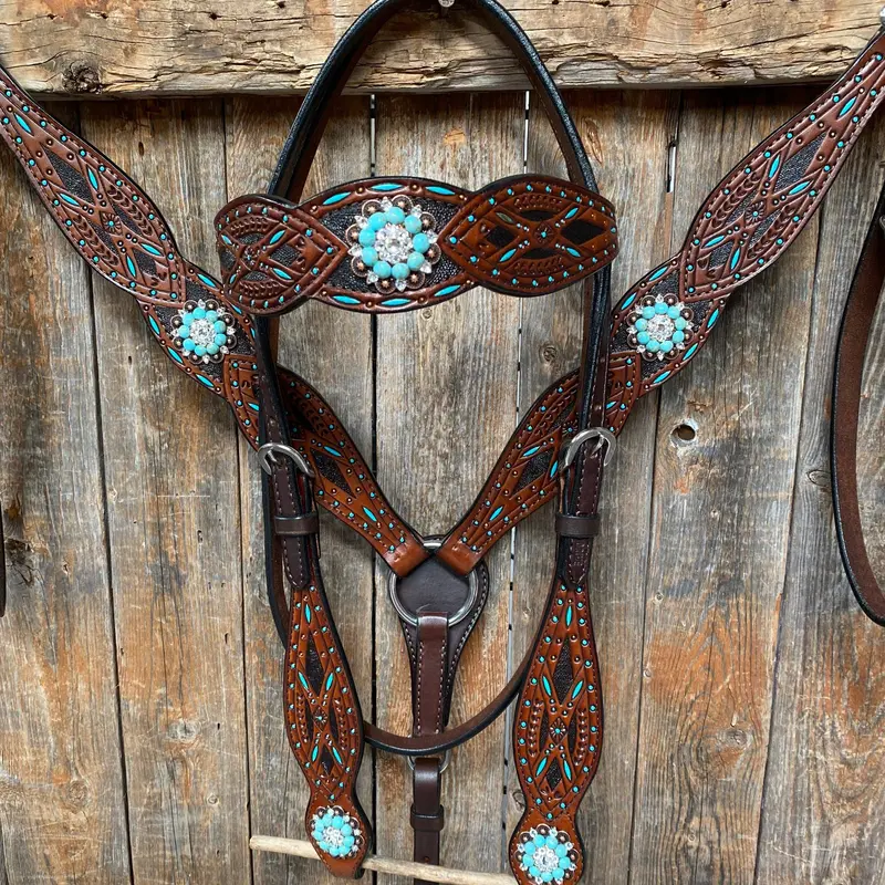 Hand Painted Two Tone Clear/Turquoise Browband / One Ear / Breastcollar Tack Set #Bbbc507 1