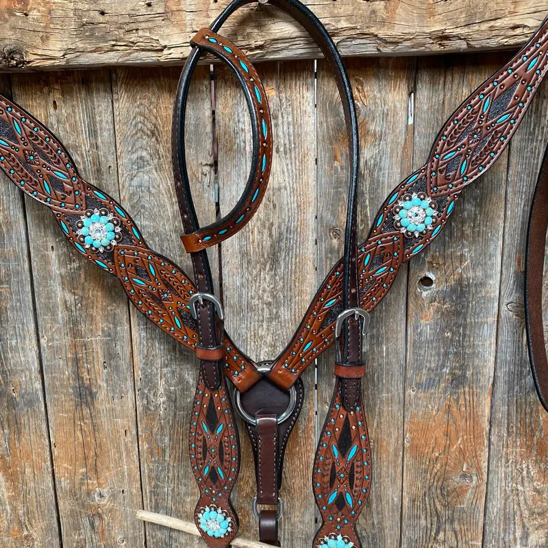 Hand Painted Two Tone Clear/Turquoise Browband / One Ear / Breastcollar Tack Set #Bbbc507 2