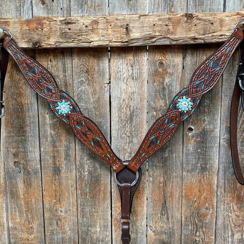 Hand Painted Two Tone Clear/Turquoise Browband / One Ear / Breastcollar Tack Set #Bbbc507 4