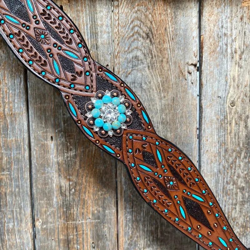 Hand Painted Two Tone Clear/Turquoise Browband / One Ear / Breastcollar Tack Set #Bbbc507 4