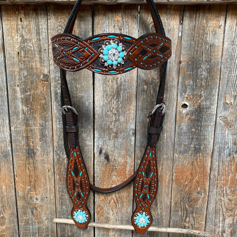 Hand Painted Two Tone Clear/Turquoise Browband / One Ear / Breastcollar Tack Set #Bbbc507 5