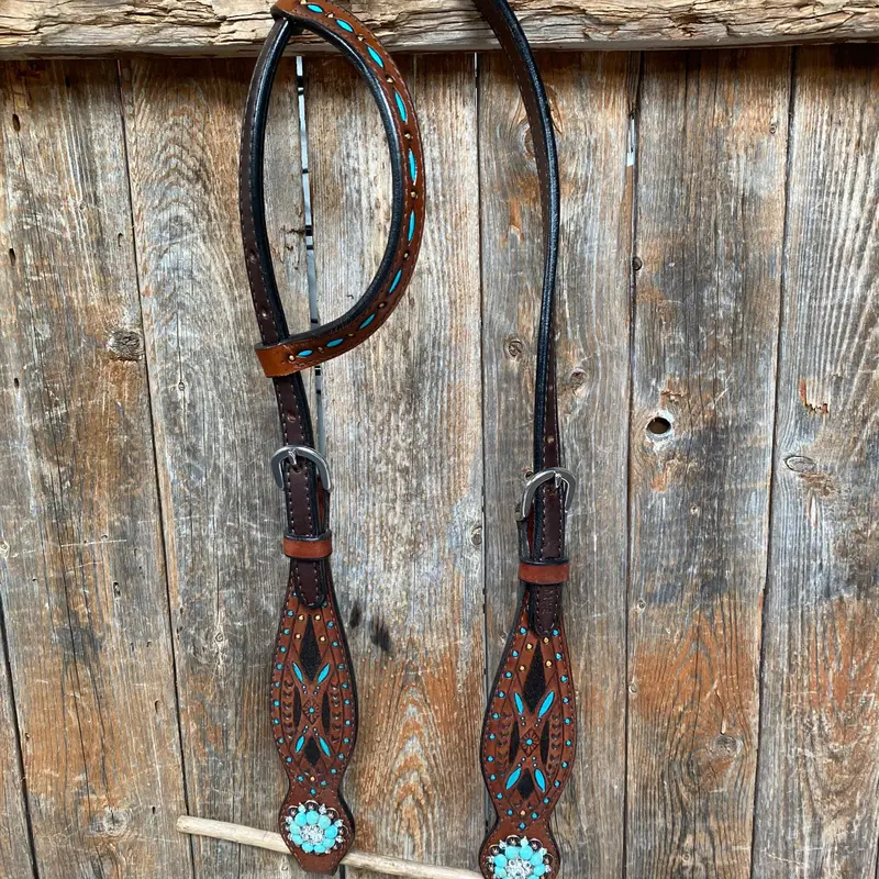 Hand Painted Two Tone Clear/Turquoise Browband / One Ear / Breastcollar Tack Set #Bbbc507 5