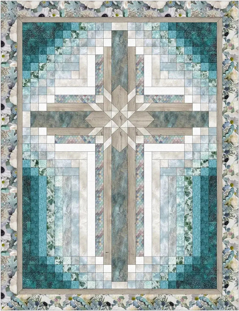 Hoffman Fabrics Farmhouse Blooms Cross Quilt Kit -  Wall Hanging Size 46 X 60. Kit Includes Pattern & Fabric. 1