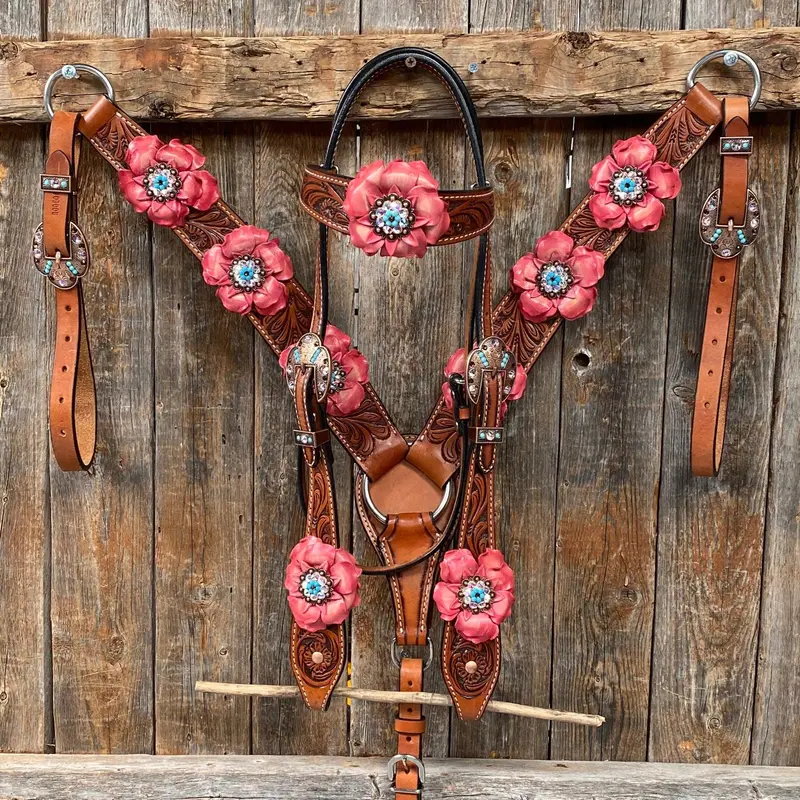 Honey Colored Floral Pink And Turquoise Tack Set  #Bbbc545 1