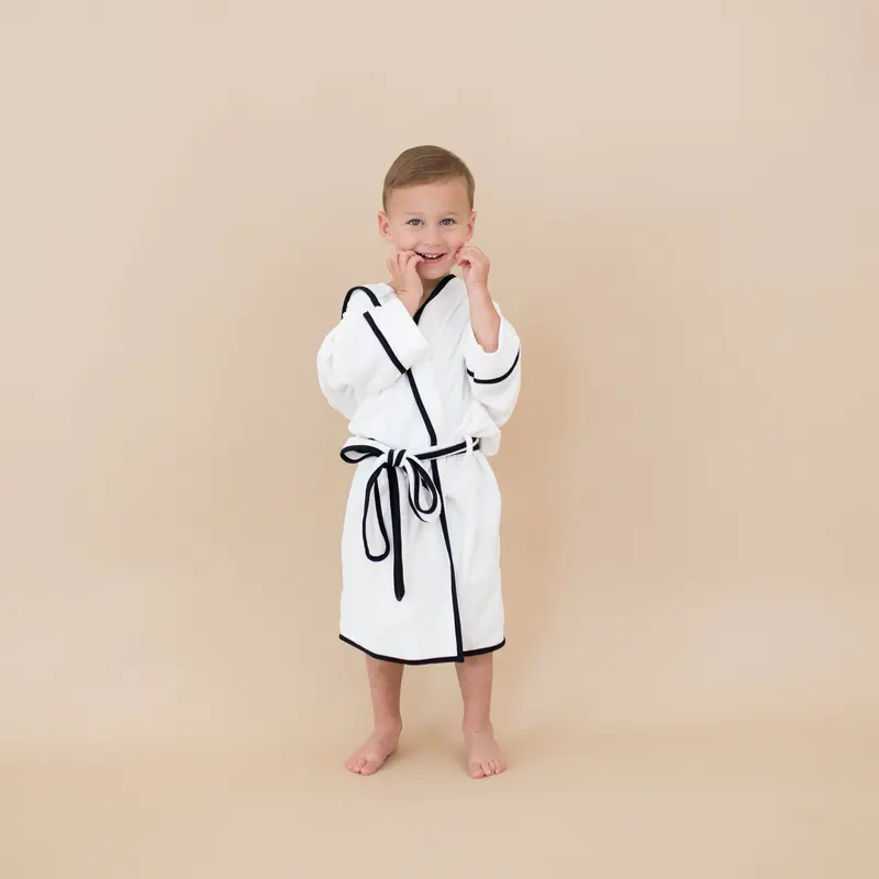 Hooded Bath Robe In Cloud With Midnight Trim 1