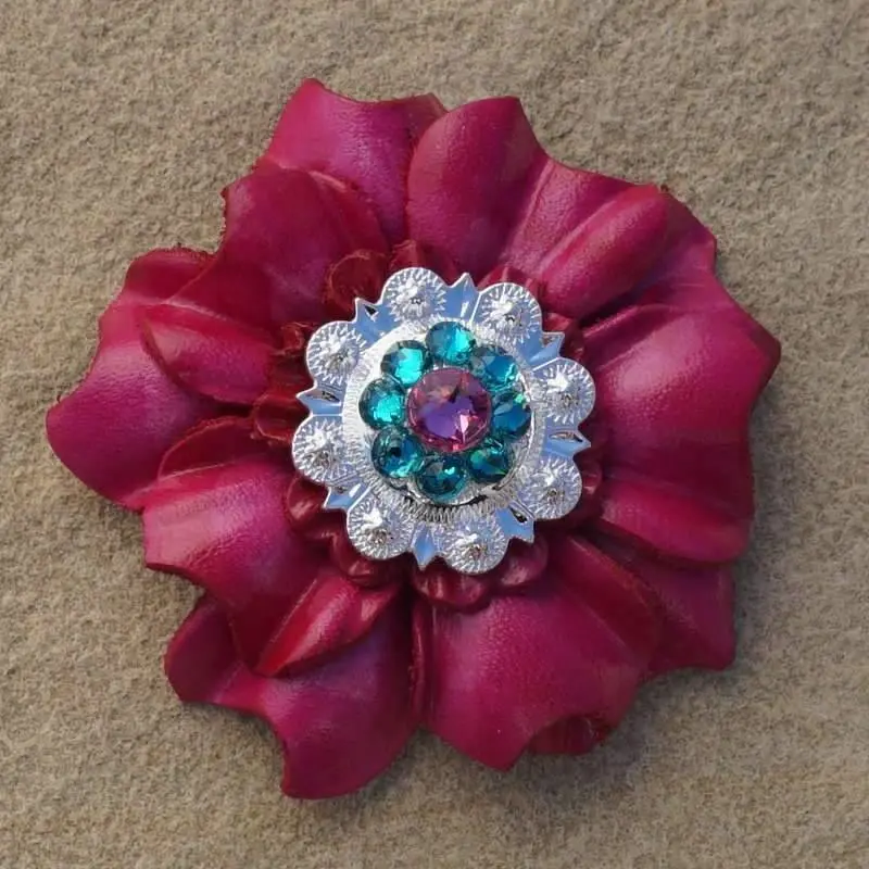 Hot Pink Carnation Flower With Bright Silver Pink & Teal 1" Concho 1