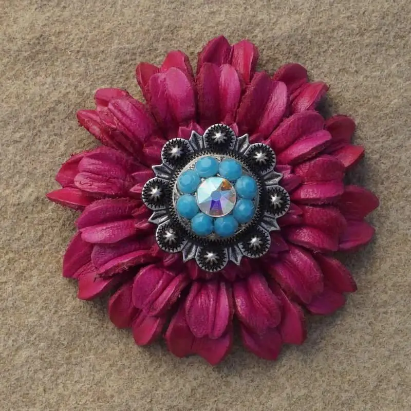 Hot Pink Daisy Flower With Antique Silver Turquoise & Ab 1" Concho 1
