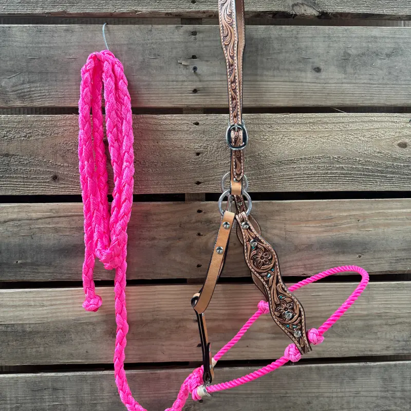 Hot Pink Floral Tooled Lariat & Leather Combo Halter 1