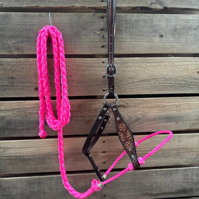 Hot Pink Flower Power Tooled Lariat & Leather Combo Halter 1