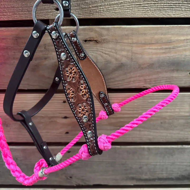 Hot Pink Flower Power Tooled Lariat & Leather Combo Halter 2