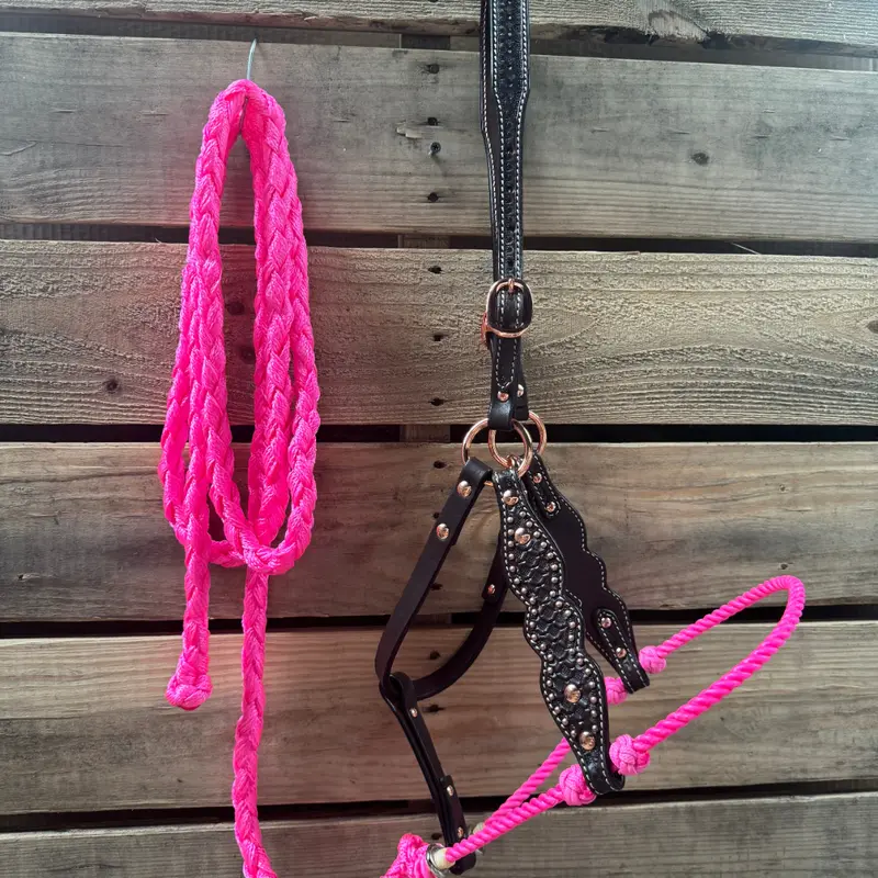 Hot Pink Honeycomb Tooled Lariat & Leather Combo Halter 1