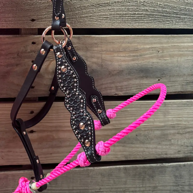 Hot Pink Honeycomb Tooled Lariat & Leather Combo Halter 2