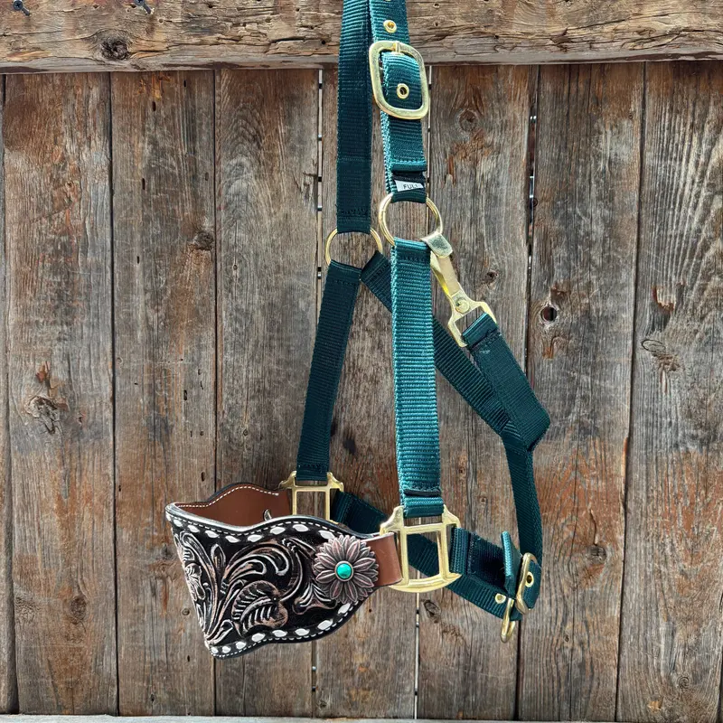 Hunter Green Nylon Horse Halter – Bronc Noseband With Western Conchos Nh114 1